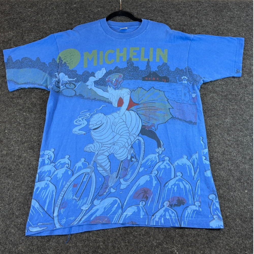 Vintage Michelin Man All Over Print T-Shirt XL Blue Fruit of the Loom USA Made
